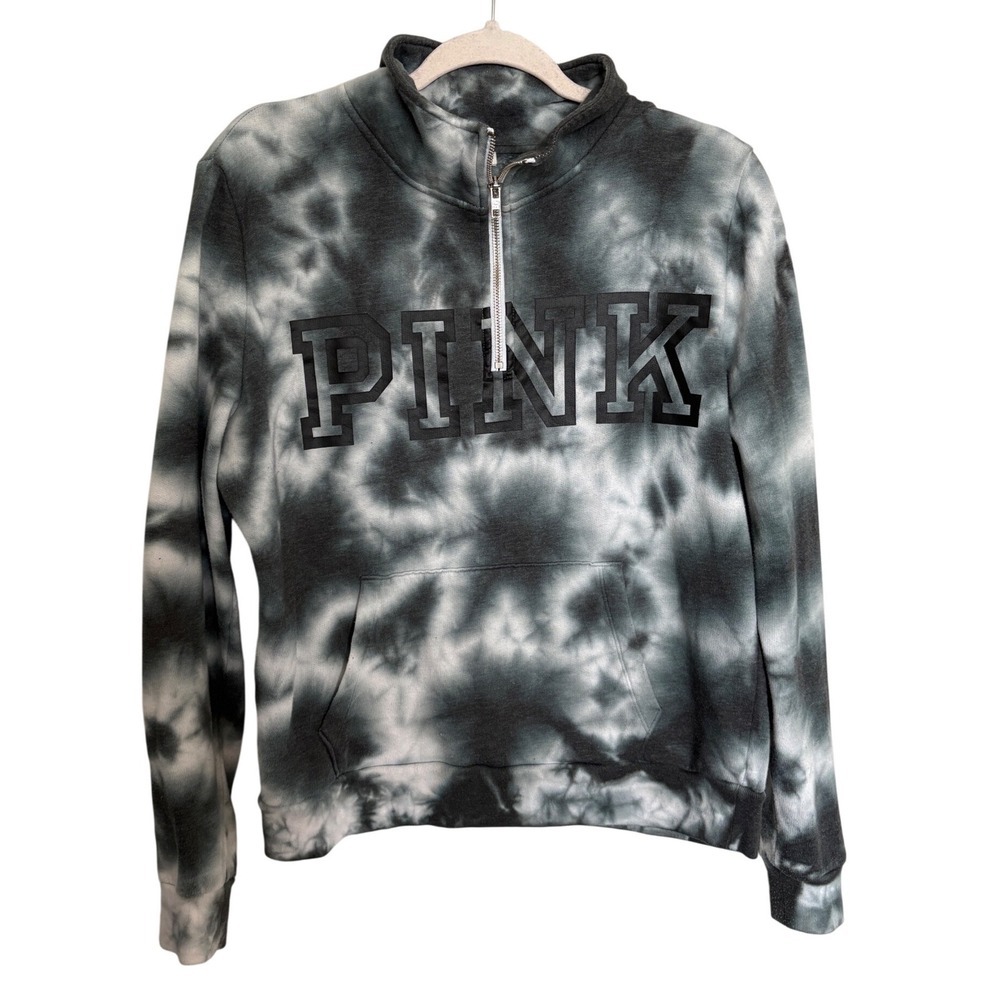 PINK Victoria's Secret Tie Dye Quarter Zip Sweatshirt Black White Gray Womens M